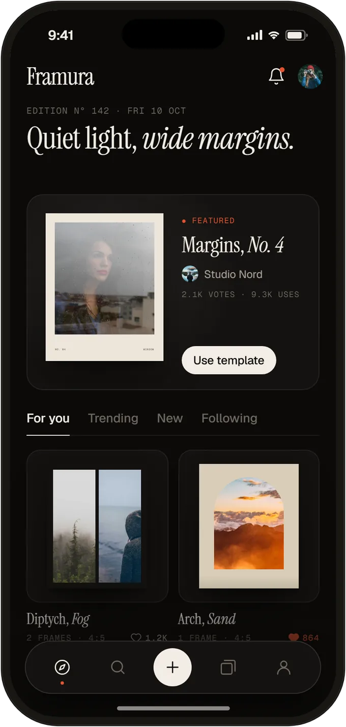 App-Ansicht: Entdecken mit der Edition „Quiet light, wide margins.“ und Templates der Community.